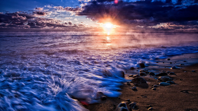 Beach waves sunset clouds city free wallpaper for desktop - medium preview image