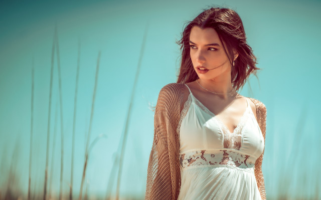 Woman white dress field tall free wallpaper for desktop - medium preview image