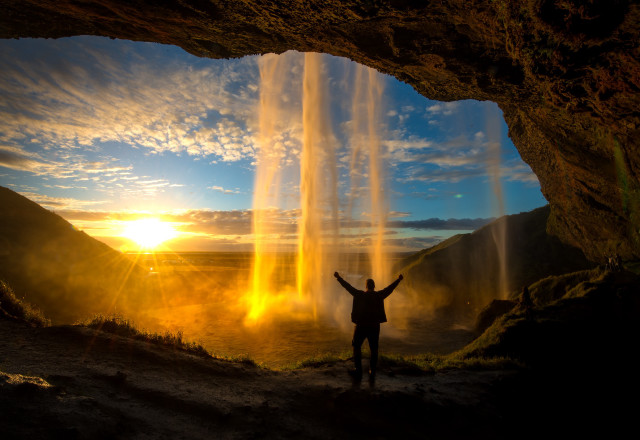 Cave sunset waterfall outdoors matte free wallpaper for desktop - medium preview image