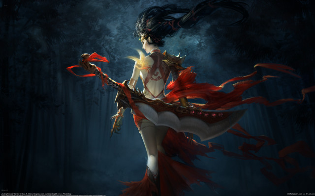 Woman red dress sword forest free wallpaper for desktop - medium preview image