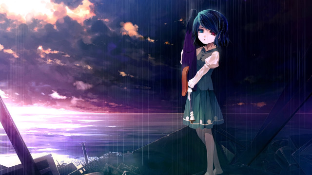 Gothic girl rain umbrella blue free wallpaper for desktop - medium preview image