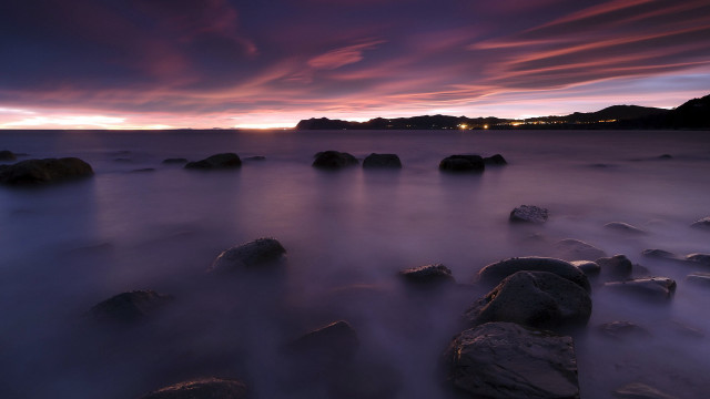 Sunset rocky beach city lights #2 free wallpaper for desktop - medium preview image