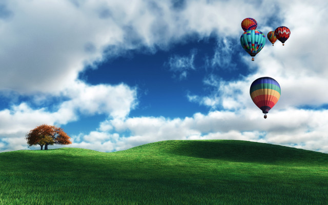 Hot air balloons green field free wallpaper for desktop - medium preview image