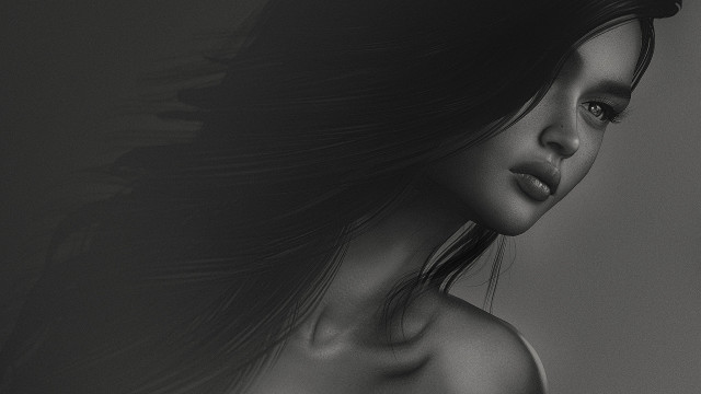 Woman longhair blackandwhite featheredtail realistic free wallpaper for desktop - medium preview image