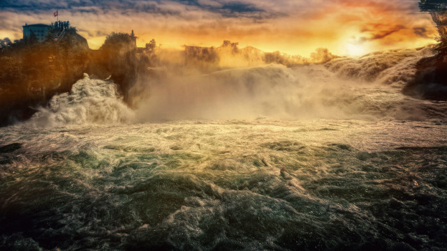 Waterfall castle sunset river mountain free wallpaper for desktop - medium preview image