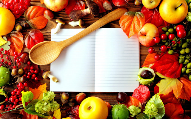 Notebook autumn fruits vegetables wooden free wallpaper for desktop - medium preview image