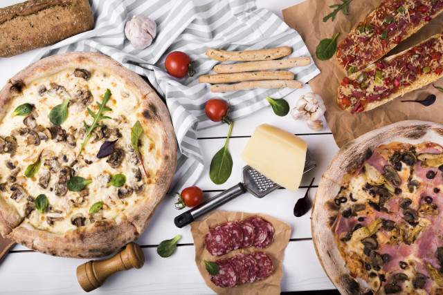 Pizza food basket vegetables fruits free wallpaper for desktop - medium preview image