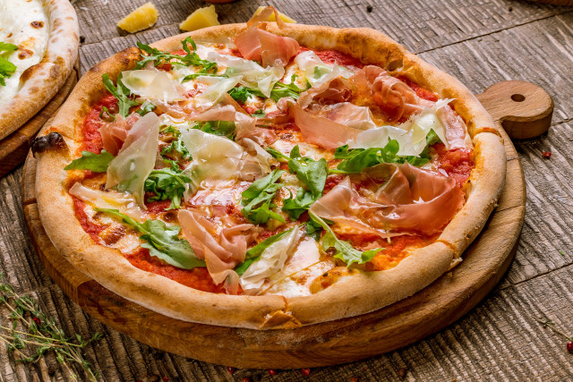 Pizza meat cheese vegetables wooden free wallpaper for desktop - medium preview image