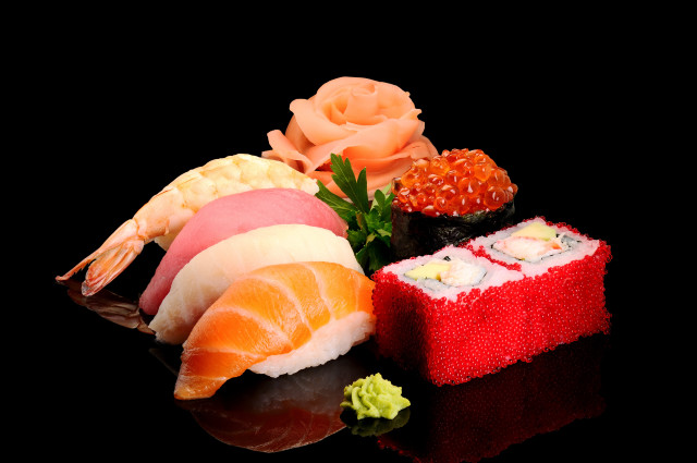 Sushi shrimp salmon rose food free wallpaper for desktop - medium preview image