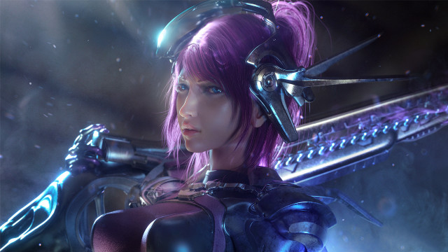 Purple haired woman sword cyberpunk free wallpaper for desktop - medium preview image