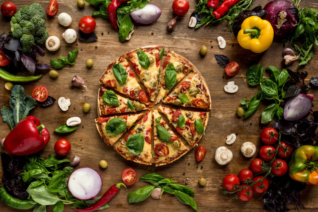 Pizza toppings vegetables herbs food free wallpaper for desktop - medium preview image