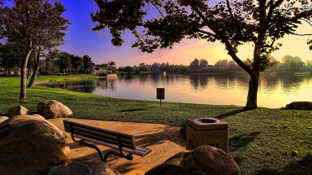 Lake sunset bench autumn trees free wallpaper for desktop - medium preview image