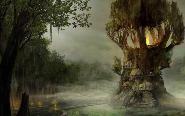 Fantasy treehouse forest fire trunk free wallpaper for desktop - medium preview image