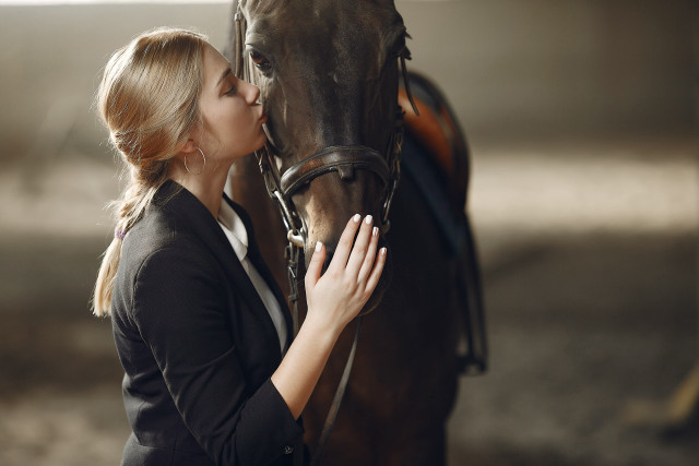 Woman kissing horse stable portrait free wallpaper for desktop - medium preview image
