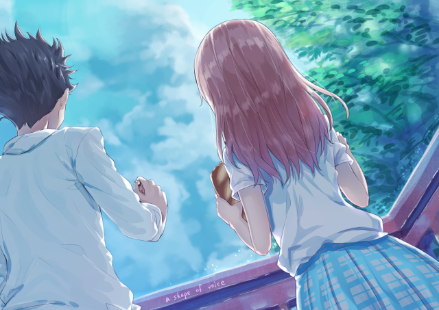 Romantic anime couple outdoors school free wallpaper for desktop - medium preview image