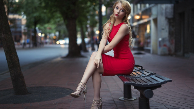 Red dress city night sitting free wallpaper for desktop - medium preview image