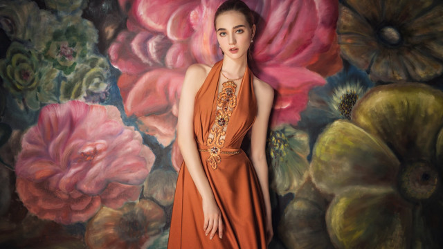 Woman dress flower painting artnouveau free wallpaper for desktop - medium preview image