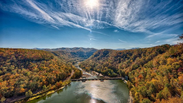 River bridge trees sunset horizon free wallpaper for desktop - medium preview image