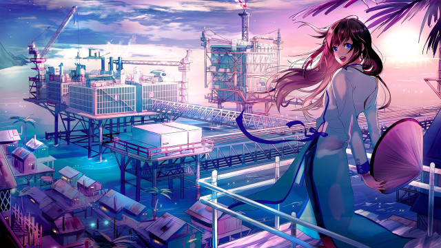 Girl cityscape pink sky cyberpunk free wallpaper for desktop - medium preview image