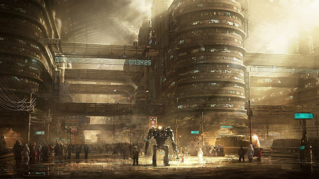 Futuristic city giant robot people free wallpaper for desktop - medium preview image