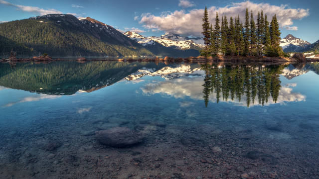 Mountain reflection lake trees city free wallpaper for desktop - medium preview image