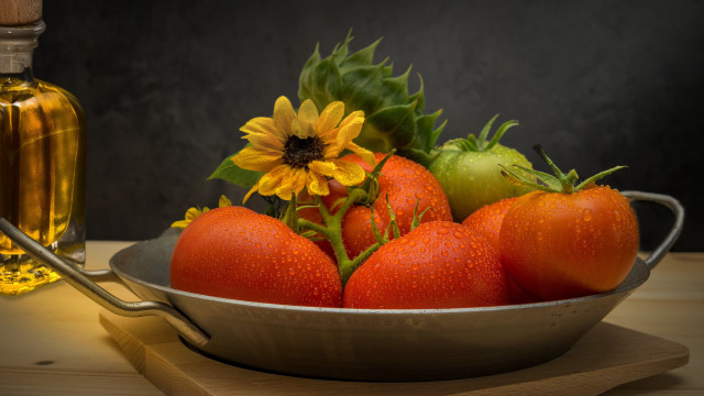Tomatoes oil bowl wooden spoon free wallpaper for desktop - medium preview image