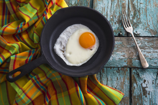 Fried egg frying pan fork free wallpaper for desktop - medium preview image