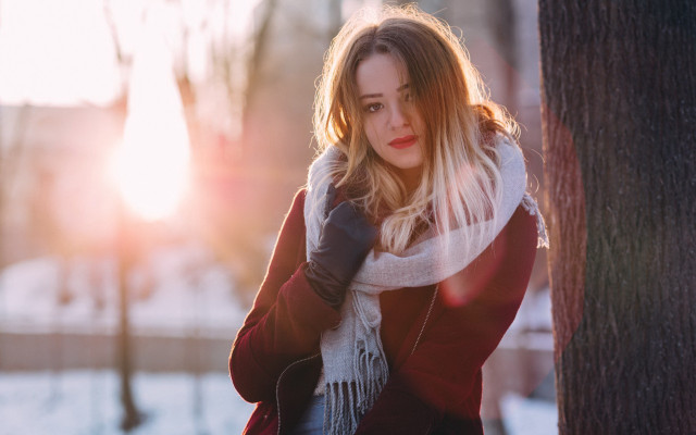 Woman snow tree scarf blonde free wallpaper for desktop - medium preview image