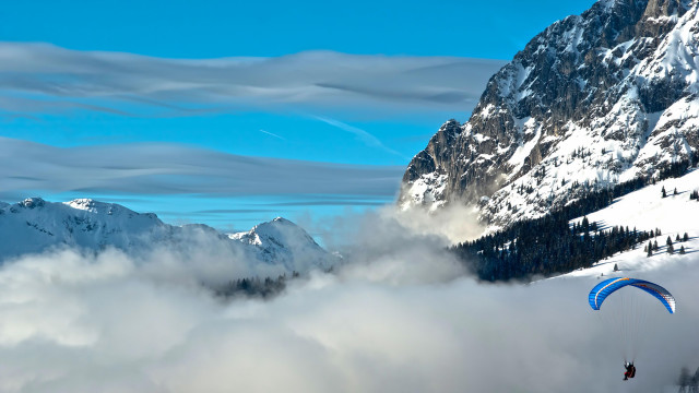 Paraglider mountains clouds snow matte free wallpaper for desktop - medium preview image