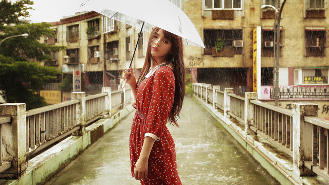Woman red dress umbrella bridge #2 free wallpaper for desktop - medium preview image