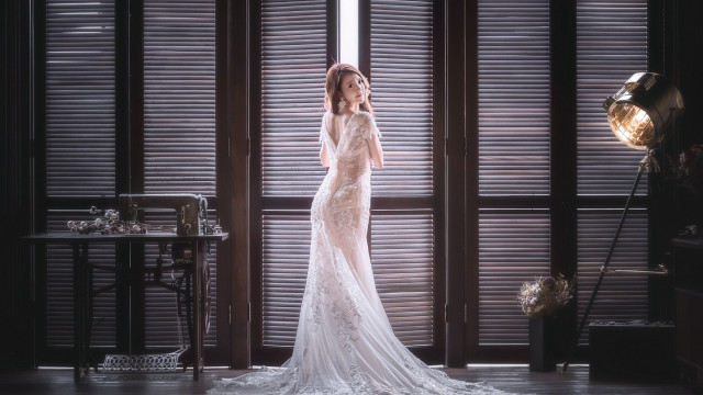 Woman white dress window shutters free wallpaper for desktop - medium preview image