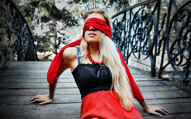 Woman blindfold wooden floor forest free wallpaper for desktop - medium preview image