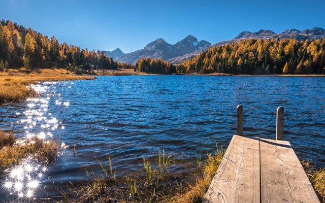 Lake mountains forest dock sky free wallpaper for desktop - medium preview image