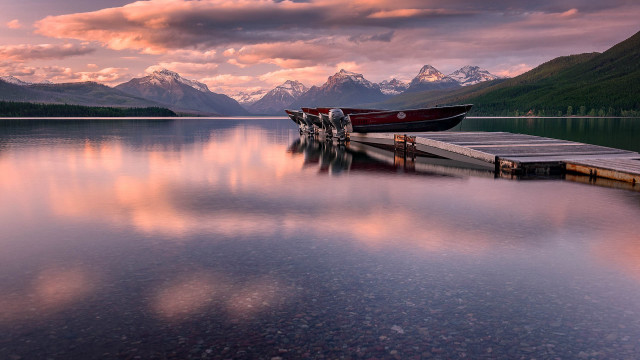 Lake mountains sunset boat pier #2 free wallpaper for desktop - medium preview image