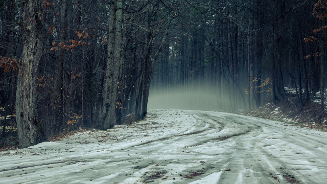 Snowy woods road matte painting free wallpaper for desktop - medium preview image