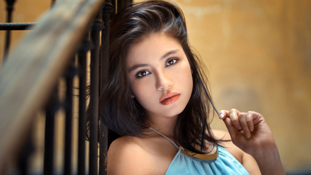 Woman blue dress railing japanese free wallpaper for desktop - medium preview image