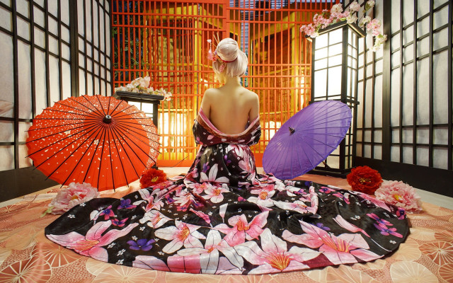 Woman dress parasol flower kimono free wallpaper for desktop - medium preview image