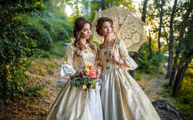 Two women flowers umbrellas forest free wallpaper for desktop - medium preview image