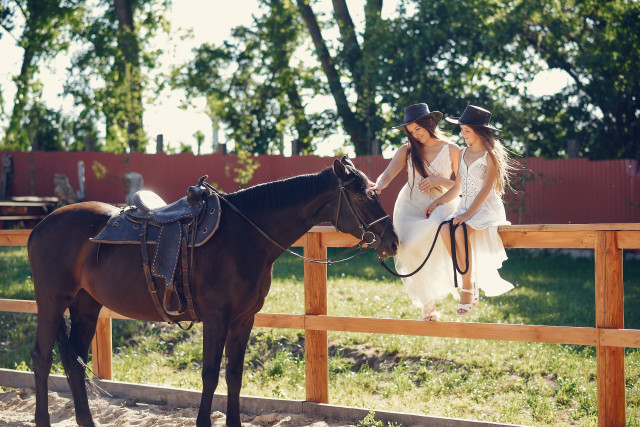 Two girls white dresses horse free wallpaper for desktop - medium preview image