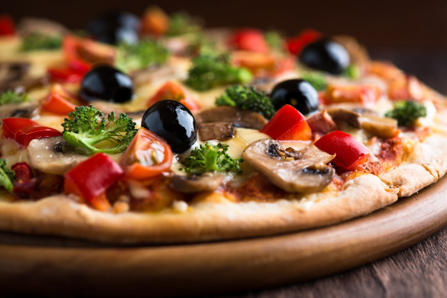 Pizza mushrooms broccoli tomatoes wooden free wallpaper for desktop - medium preview image