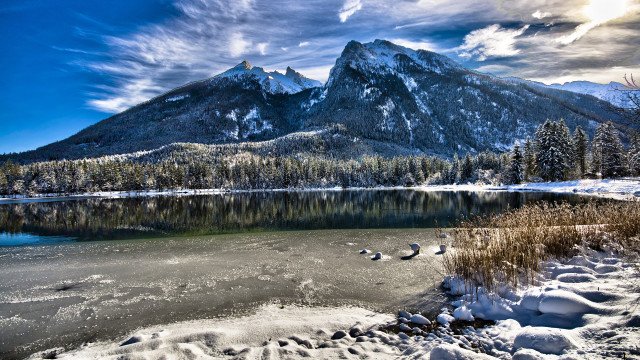 Snowy mountains lake birds bernd free wallpaper for desktop - medium preview image