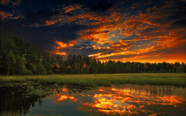 Sunset lake trees clouds reflection free wallpaper for desktop - medium preview image