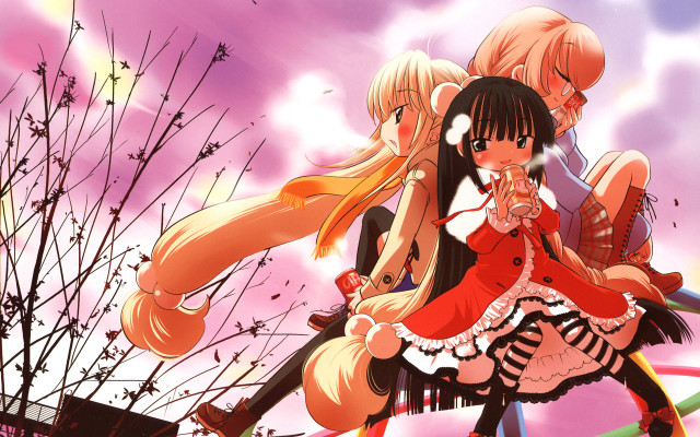 Anime girls sitting purple sky free wallpaper for desktop - medium preview image