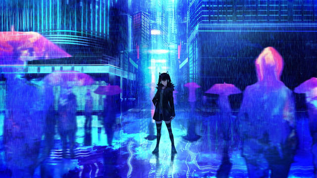 Neon cyberpunk woman cityscape glowing free wallpaper for desktop - medium preview image