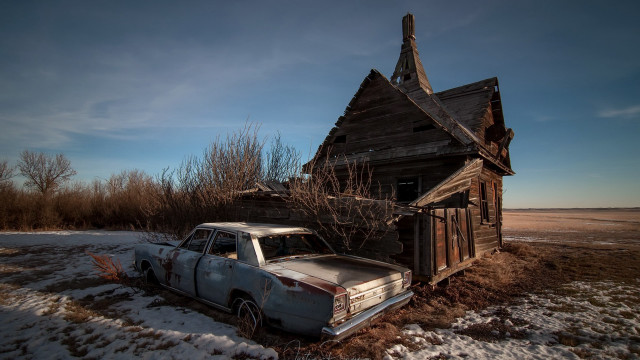 Old truck wooden house snow free wallpaper for desktop - medium preview image