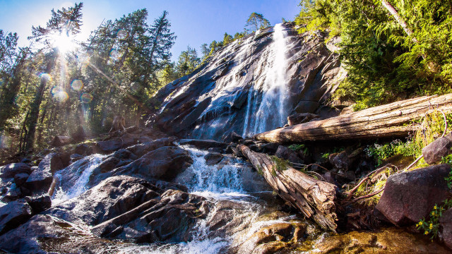 Waterfall forest rocks sunlight nature free wallpaper for desktop - medium preview image