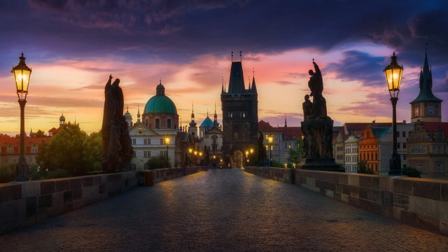 Bridge streetlight clocktower sunset mystical free wallpaper for desktop - medium preview image