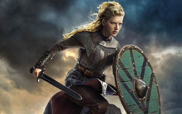 Medieval woman shield sword stormy free wallpaper for desktop - medium preview image