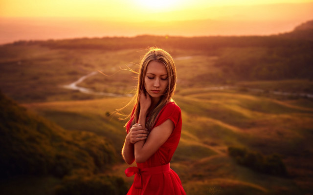 Woman red dress sunset field free wallpaper for desktop - medium preview image