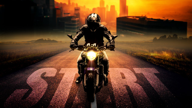 Motorcycle ride city sunset embers free wallpaper for desktop - medium preview image